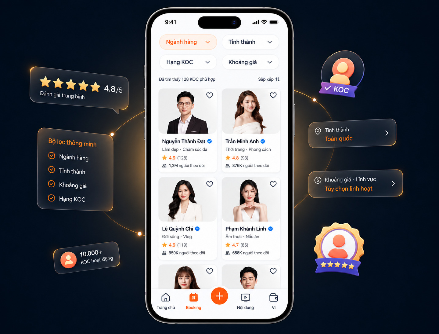 Ứng dụng KOC Việt trên điện thoại hiển thị danh sách KOC theo ngành hàng và hạng